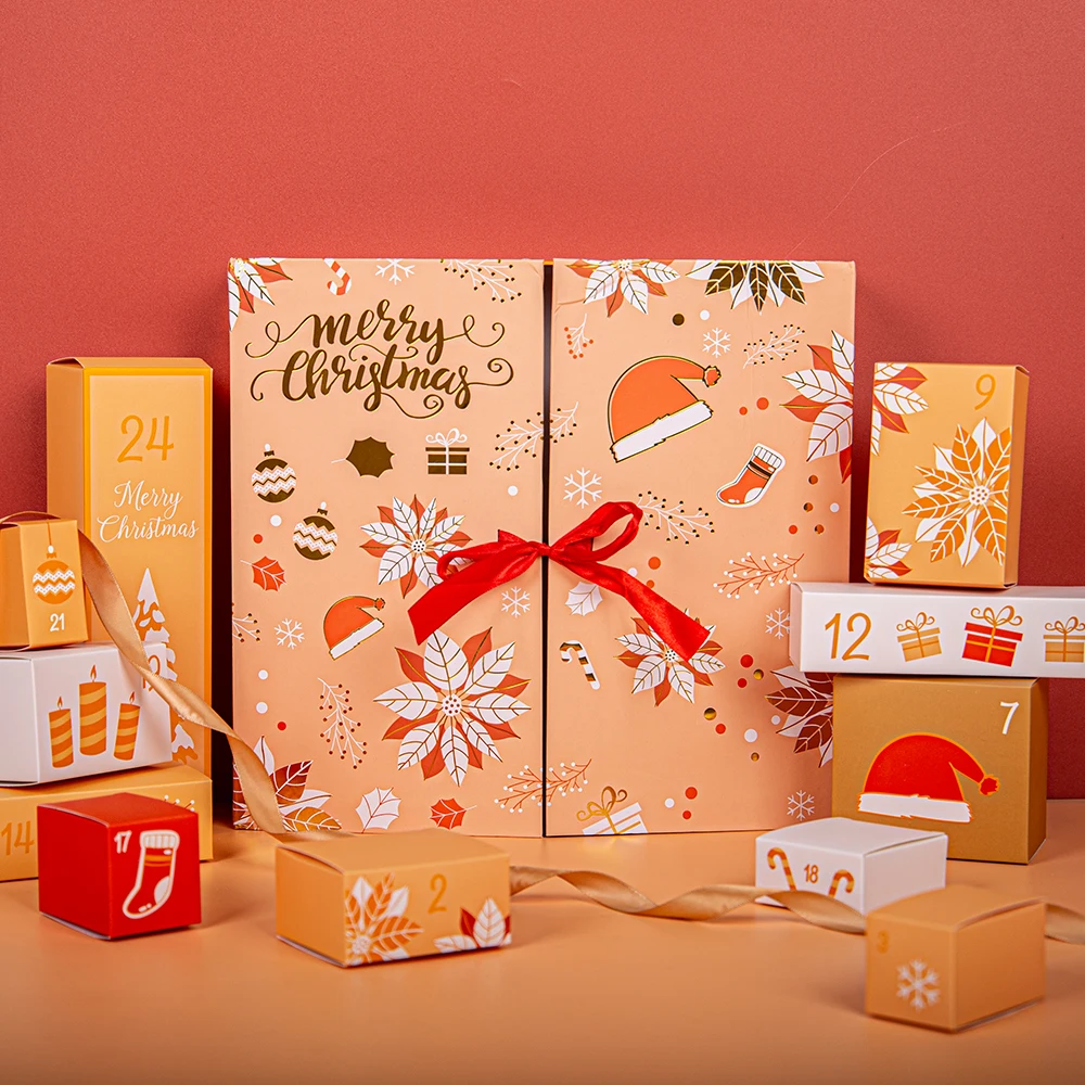 Christmas Advent Calendar Gift Rigid Cardboard Blind Box Candy Chocolate Packaging Boxes with 24 Gift Box Set
