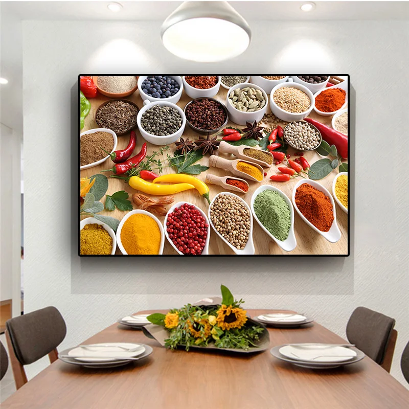 Grains Spices Spoon Peppers Kitchen Canvas Painting Wall Art Pictures Painting Wall Art for Living Room Home Decor