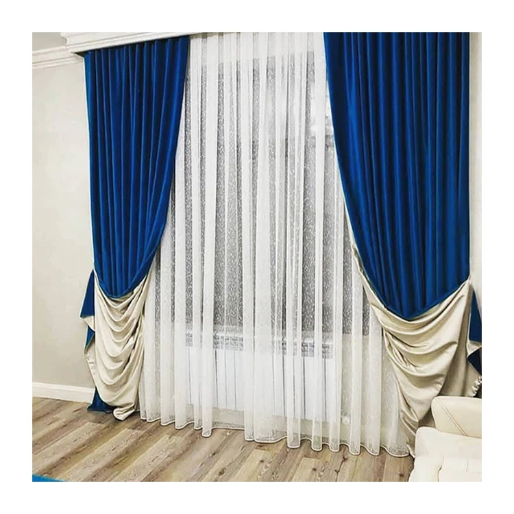 Window Gauze Double Shading Luxury Living Room Lace Dubai Hotel Castle Pinch Pleat Royal Blue Blackout Curtain With Sheer