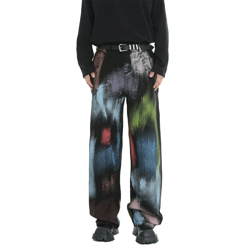Wholesale price custom logo-patch fashion casual unisex style comfortable printed graffiti wide-leg jeans