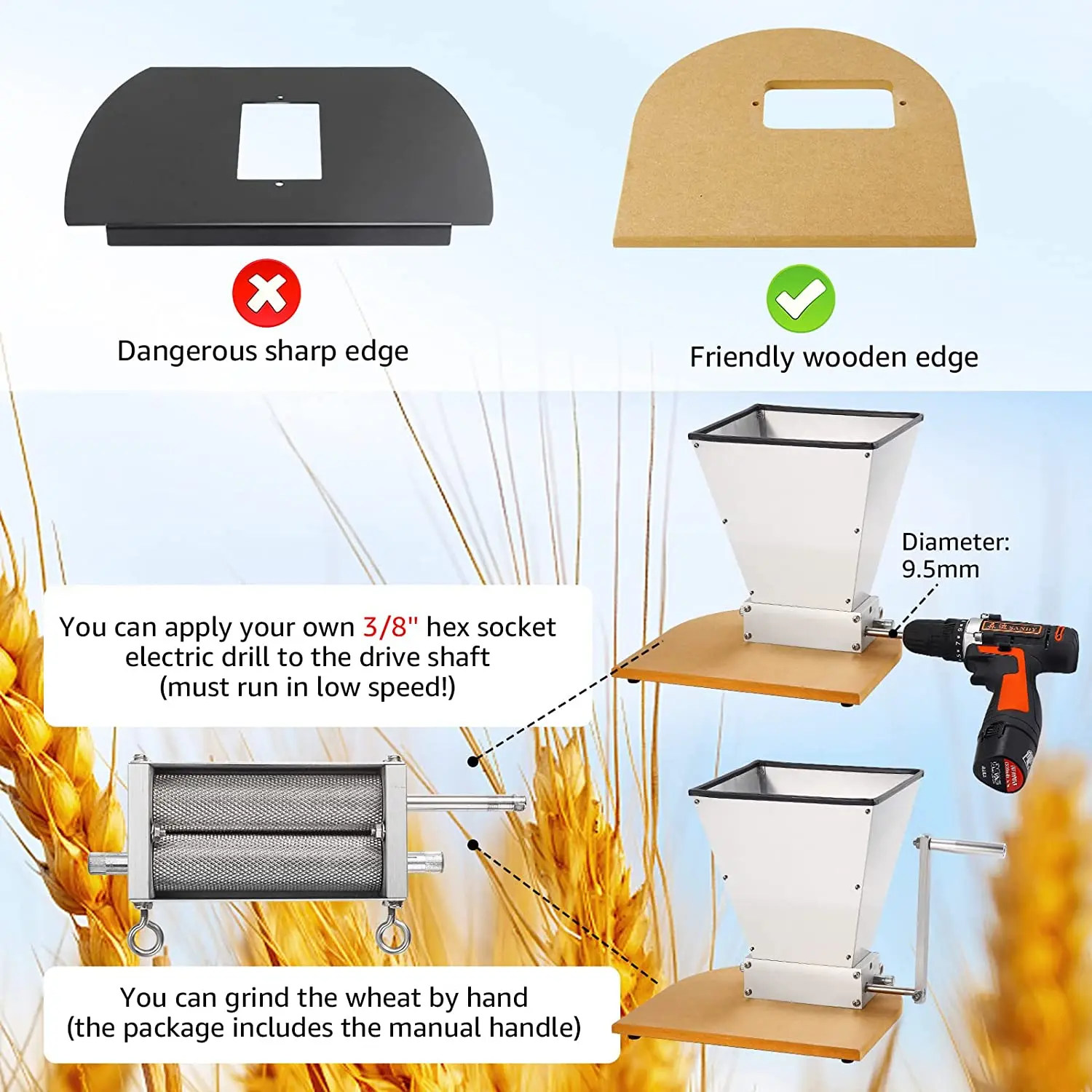SUS304 зерновая мельница ячменного солода дробилка для домашнего пивоварения 2 ролики для домашнего пивоварения ячмень мясорубки бункер для домашнего пивоварения инструменты