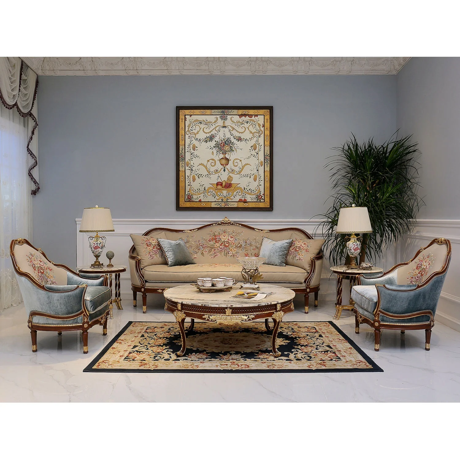 Luxury high quality French classic Rococo design wood Italy fabric living room furniture sofa set