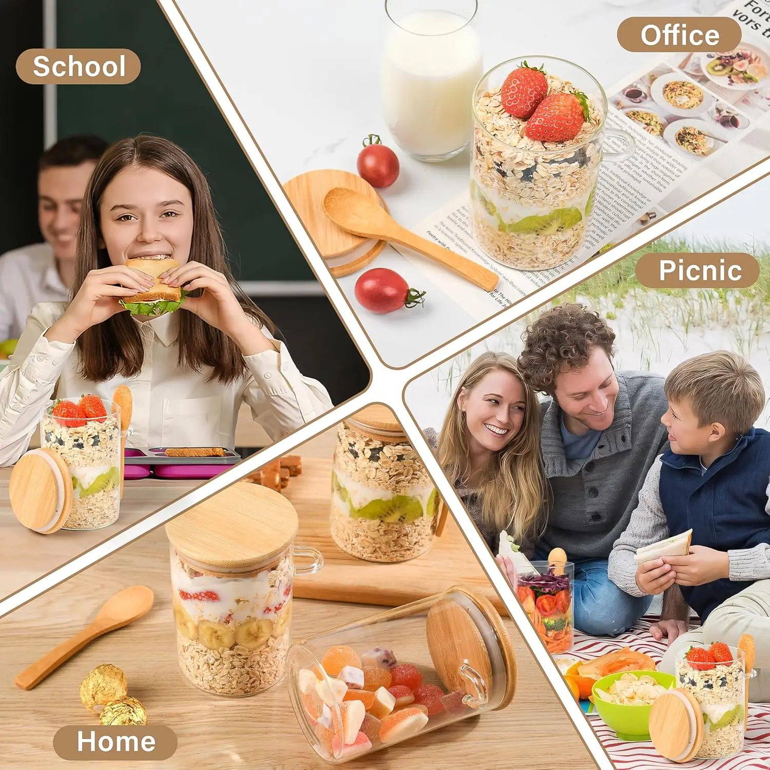 Wholesale Kitchen 18 Oz High Round Overnight Oats Containers Glass Jar with Wooden Lids Spoons for Chia Seed Pudding Yogurt