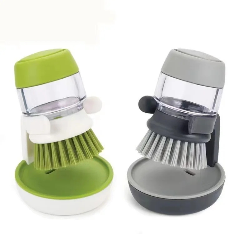 Hot sale Dishes Pots Washing Brush Kitchen Scrub Brushes Soap Dispensing Palm Kitchen Cleaning Brush with Drip Tray