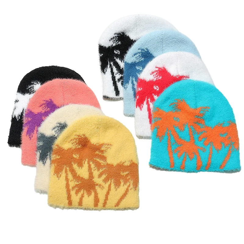 Autumn Winter Unisex Outdoor Plush Mohair Beanie Custom Logo Knitted Hat Coconut Tree Jacquard Beanie Furry Cold Hat