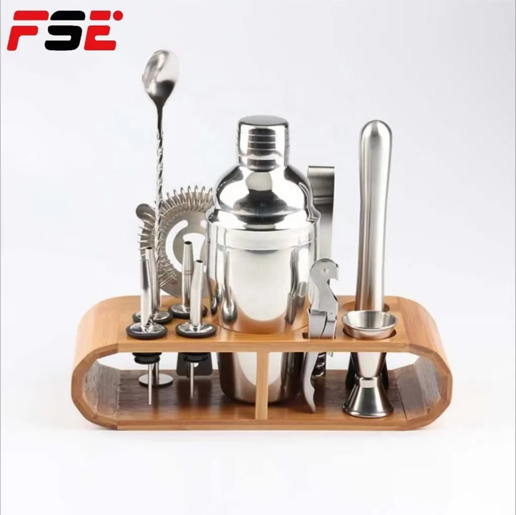 FSE 12 Pcs Bartender Bar Kit Set Bamboo Stand Bartender Kit Set Bartender Kit Set