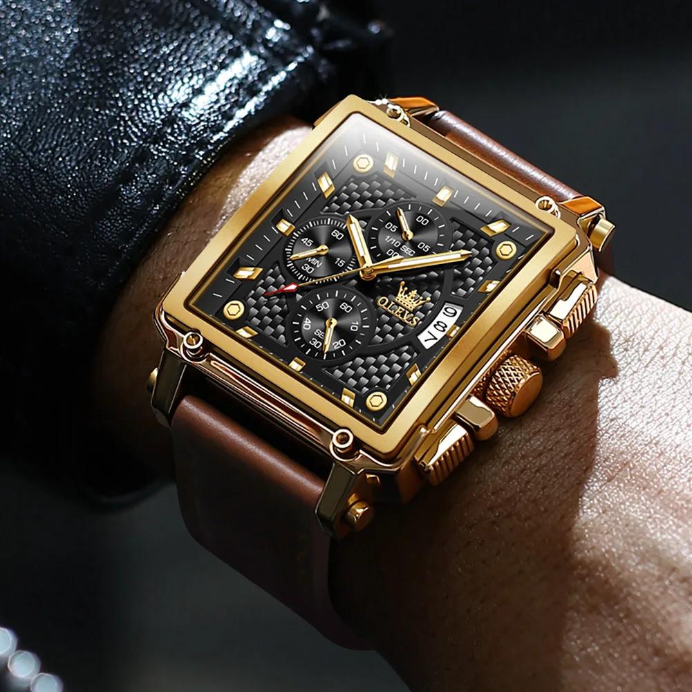 Часы OLEVS 9925 Роскошные модные квадратные модные водонепроницаемые мужские часы Золотые спортивные большие кварцевые часы для мужчин
