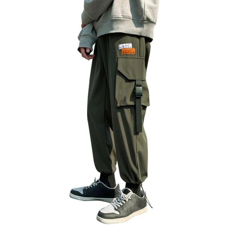 High Quality Mes Plus Size 6 Pocket Dark Color Satin Fabric Cargo Pants Winter Thick Fabric Elastic Bottom Leg Cargo Pants