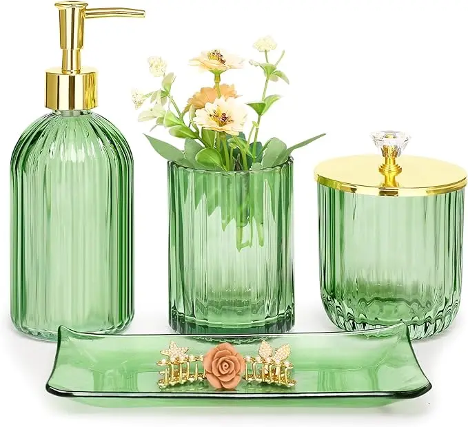 2024 Bathroom Accessories Set, 4 Pcs Green Glass Bathroom Accessories Sets Complete w/Lotion Soap Dispenser, Toothbrush Holder