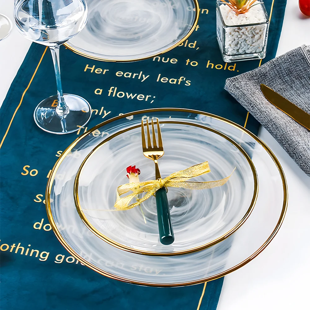 Wholesale Modern Unique Custom Luxury Cloud Pattern Heat Resistance Gold Rim Crystal Clear Glass Charger Plates For Wedding