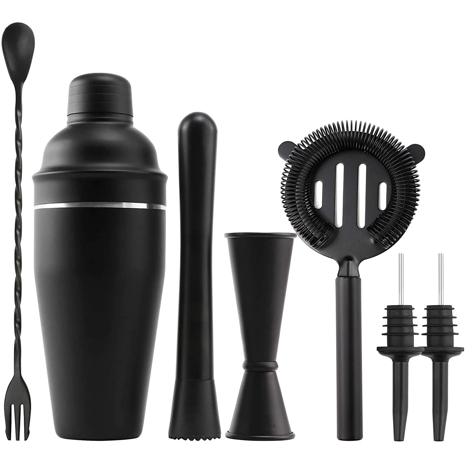 Wuyi Camol 7pcs Matte Black Bar Cocktail Shaker Set - 750ml Shaker to Fork Spoon - Professional Barware - Bar Cocktail Shaker
