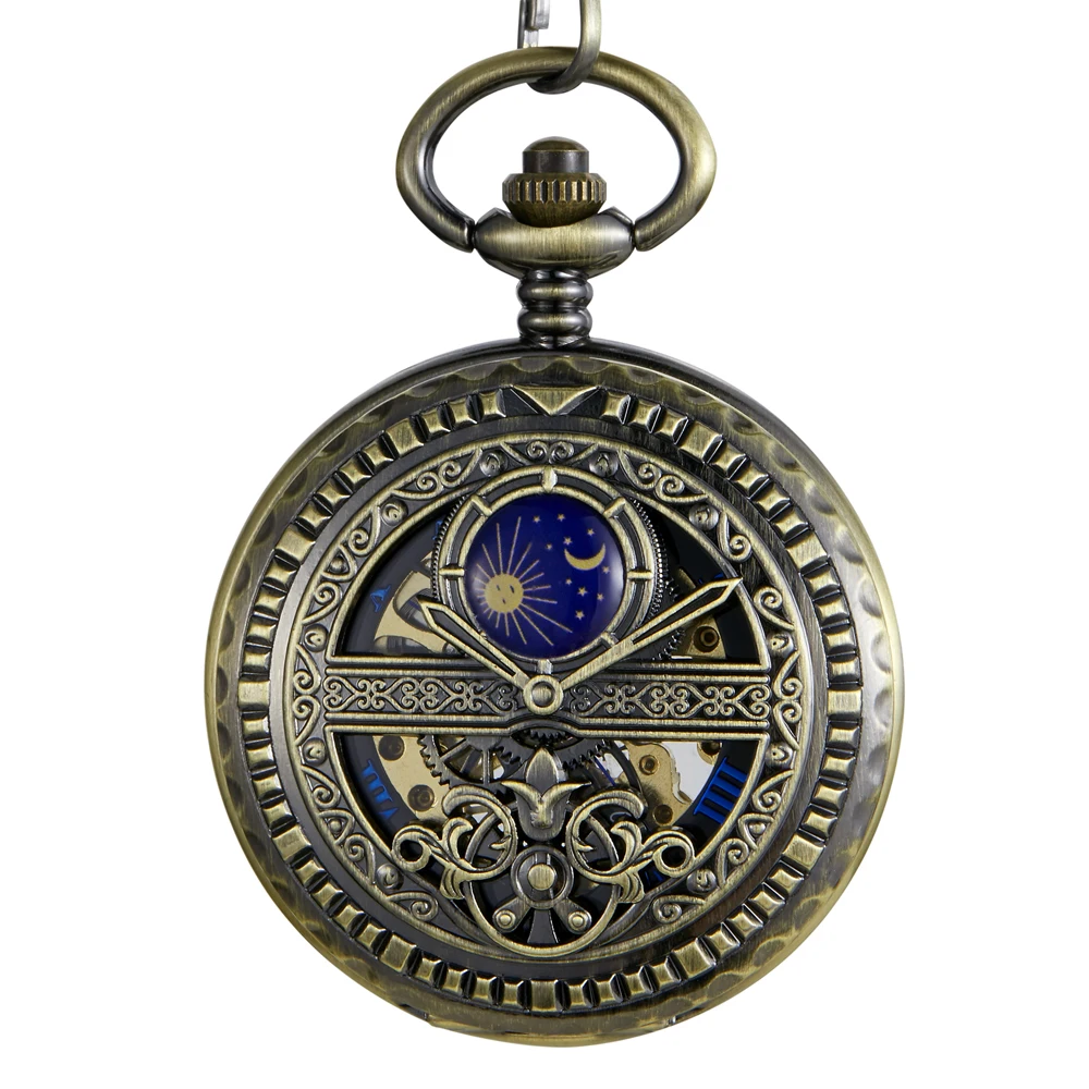 Hand-WInd Mechanical Pocket Watch Vintage Hollow Blue Moon Star Steampunk Skeleton Watch Roman Numerals Clock With Fob Chain