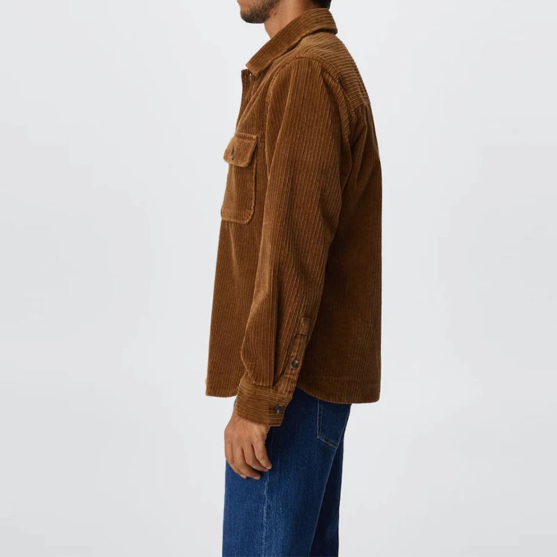 Oem Custom Logo Classic Turn Down Collar Brown Long Sleeve Fashion Regular Fit Mens Corduroy Solid Color Shirt