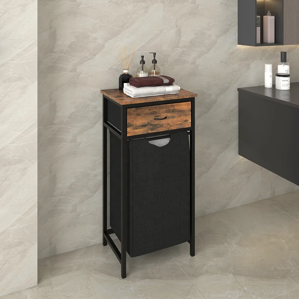 Large capacity 3 compartments rustic dirty clothes storage wood laundry hamper basket with drawer