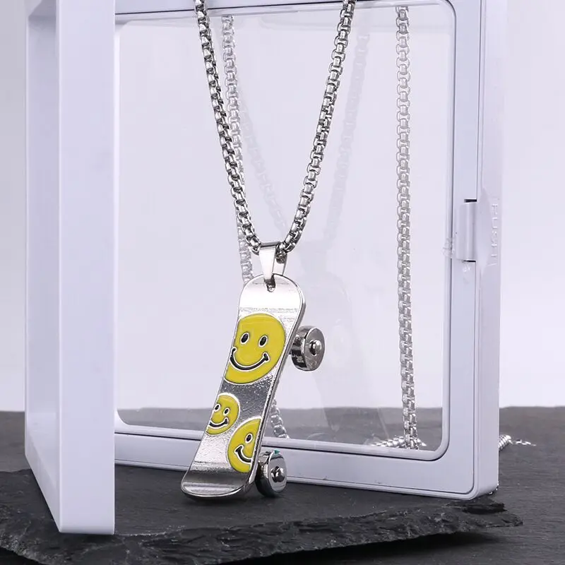 Wholesale Stainless Steel Smile Smiley Face Hip Hop Skateboard Pendant Necklace