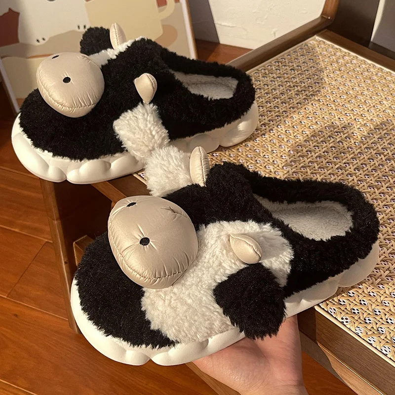 Korean Version Casual Cute Cartoon Milk Cow Cotton Female Winter Students Home Non-Slip Warm Wool Plush Slippers Shoes