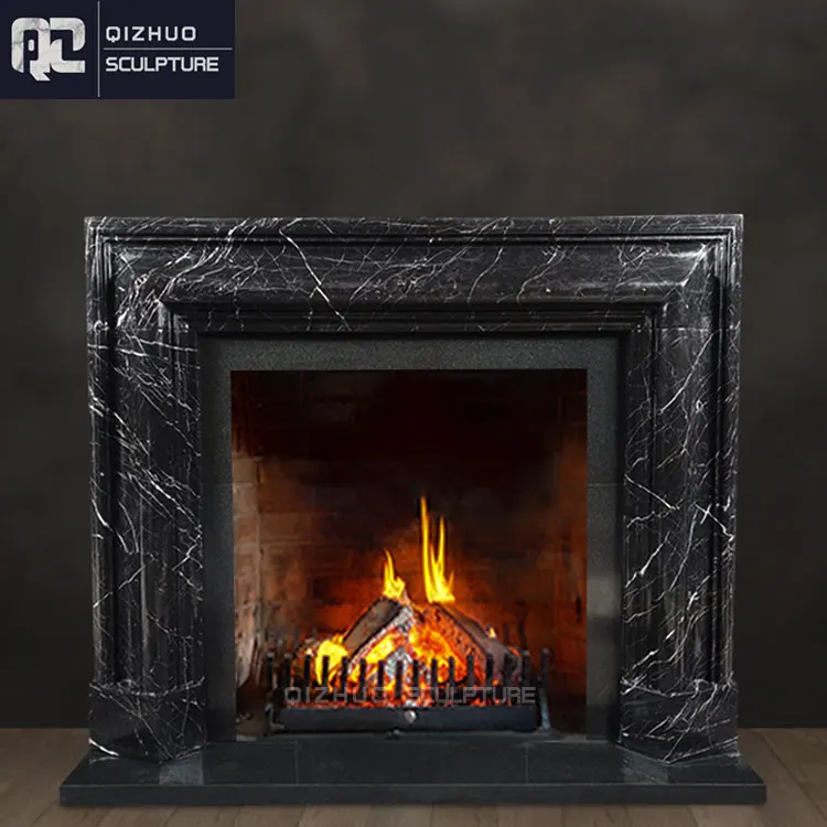 Simple Design Modern Hand Carved Natural Stone Marquina Black Marble Fireplace Surround