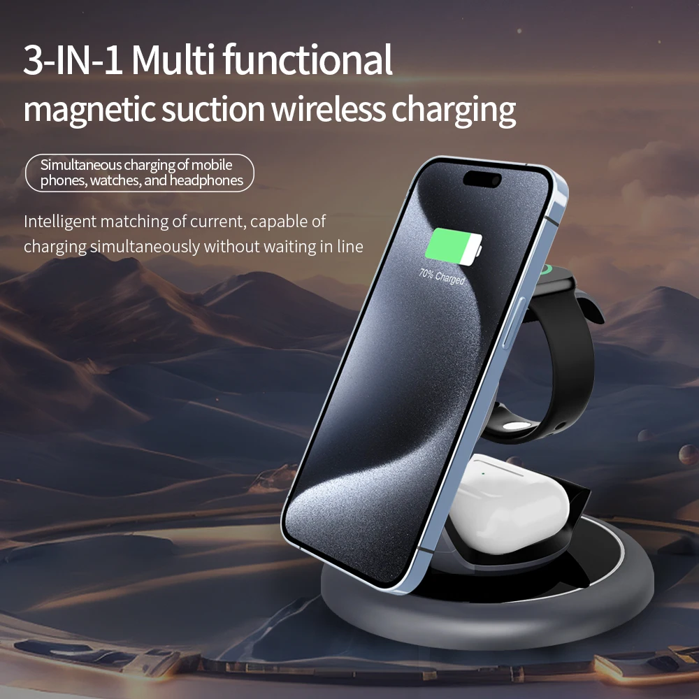 New Mobile Phone Holder 15W Fast Watch Earphone Station Custom Logo Qi Multifunctional Strong Magnetic 3 in 1 Wireless Charger
