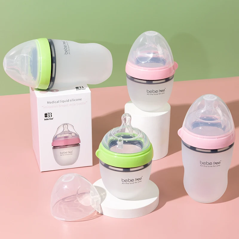In Stock BPA Free Squeeze Silicone Baby Kid Milk Bottle Wide Hands Free Silicone Feeding Baby Bottle