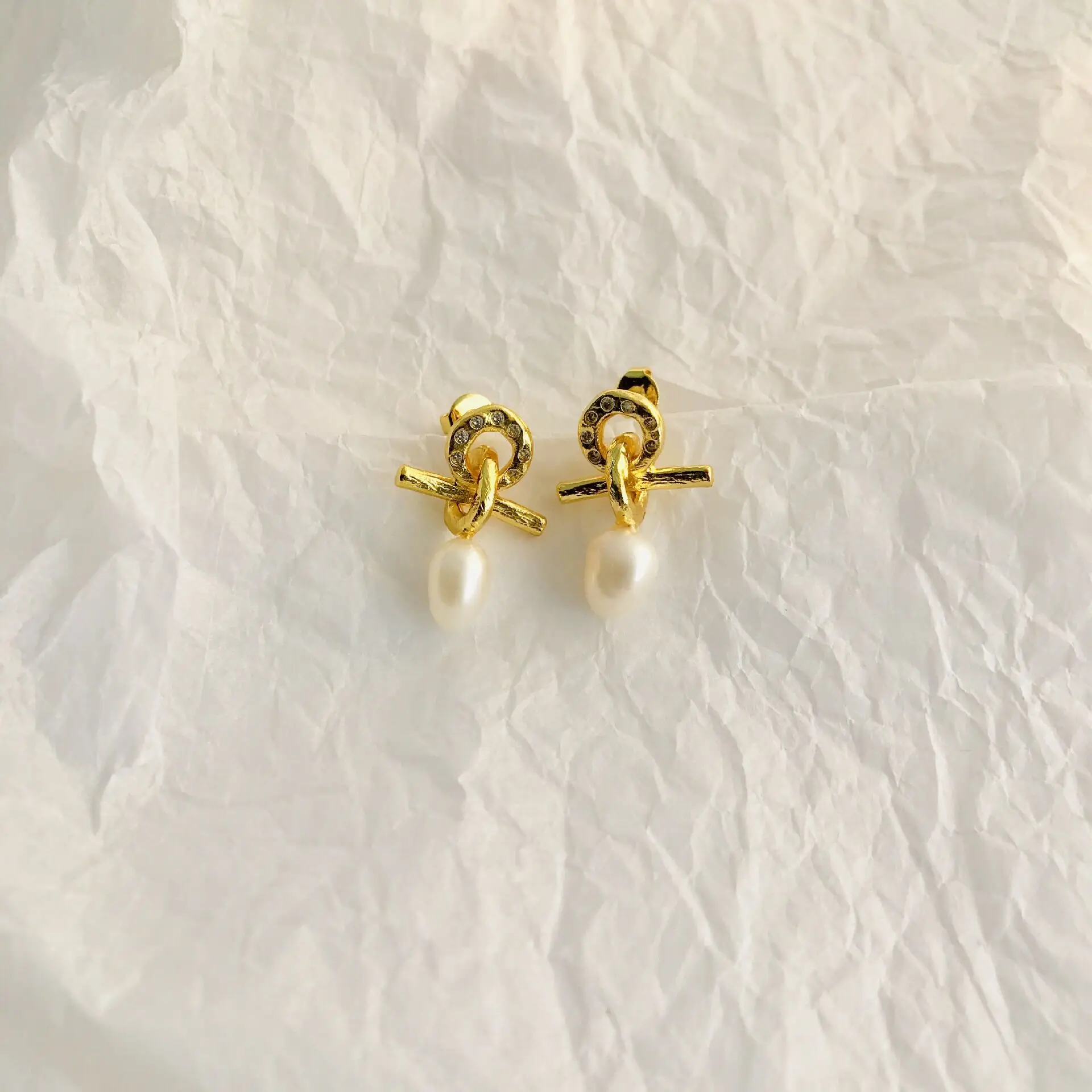 Natural Freshwater Pearl Gold Plated Knotted Stud Earrings