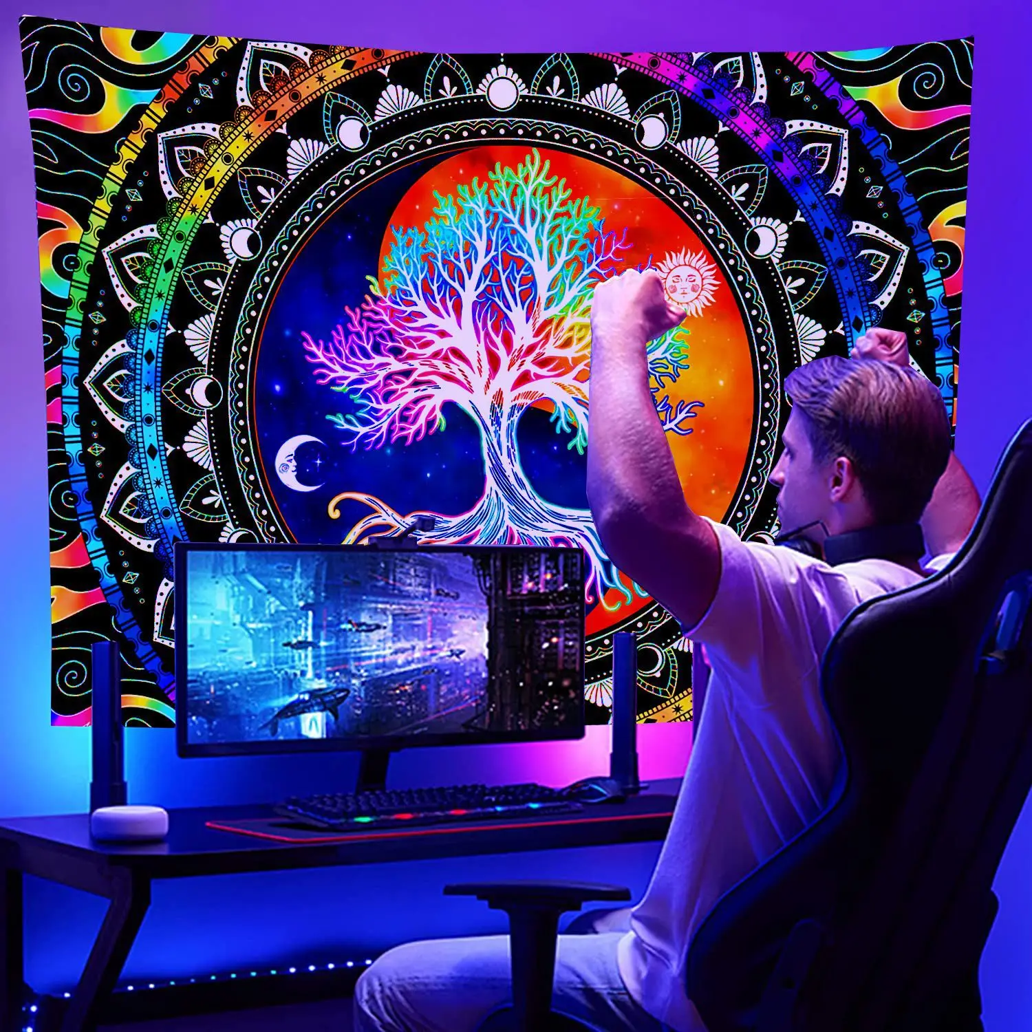Fluorescent Wall Hanging Wall Tapestry Psychedelic Mandala Background Witchcraft Supplies UV Light Mushroom Tapestry