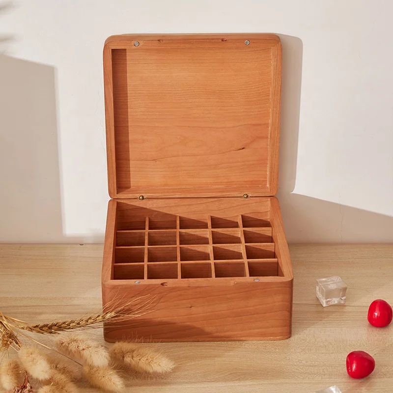 Wooden Essential Oil Box with Hinged Lid/Removable Divider Aromatherapy Oils Storage Displayer Dropper/Roller Bottles Organizer