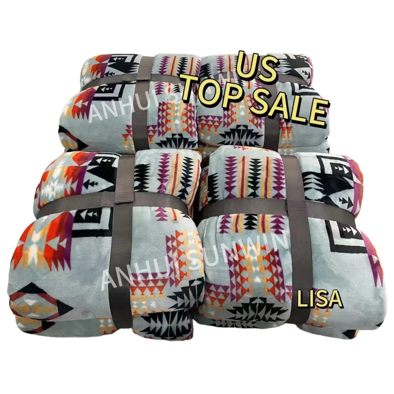 China Factory American TOP SALE Flannel Throw Blanket Grey Aztec Western Printed One Layer Thick Bed Blankets for Wholesale