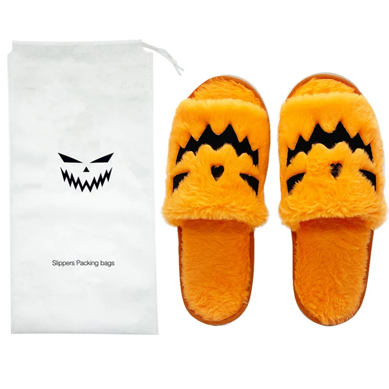 Soft Funny Cartoon Warm Home Plush Cozy Open Toe Indoor Outdoor Fuzzy Fluffy Winter Plush Pumpkin Halloween Slides Slippers Gift