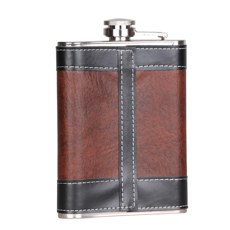 8 Oz Pocket Leather Wrapped Stainless Steel Hip Flask Brown Flasks For Liquor And Funnel