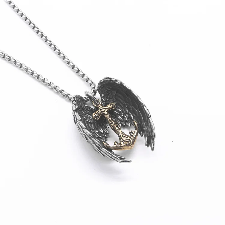 Wholesale tarnish free jewelry gold plated stainless steel wing anchor pendant necklaces