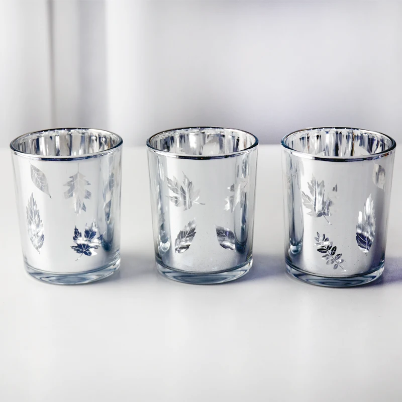Wholesale custom electroplated silver embossed candle holder, custom logo color, custom engraved pattern fragrance candle jars
