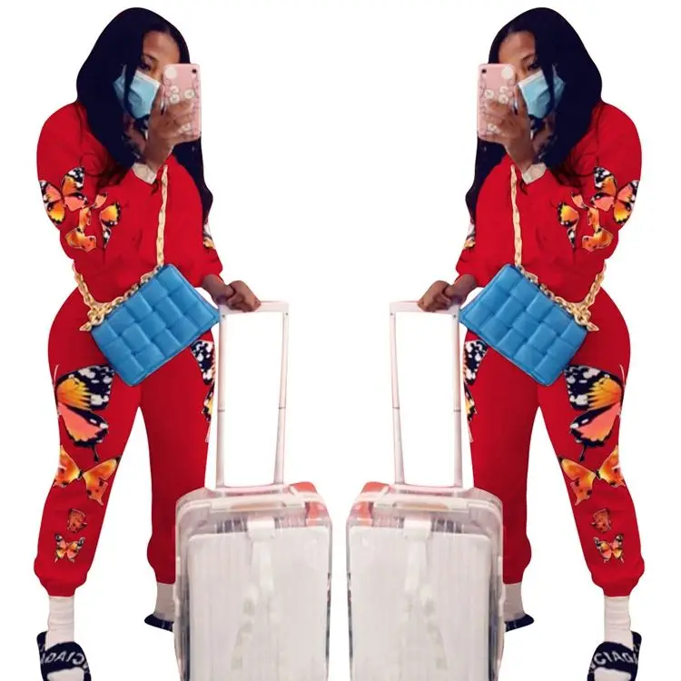 Wholesale butterfly printing on both sides casual autumn fall two piece outfit women pants set