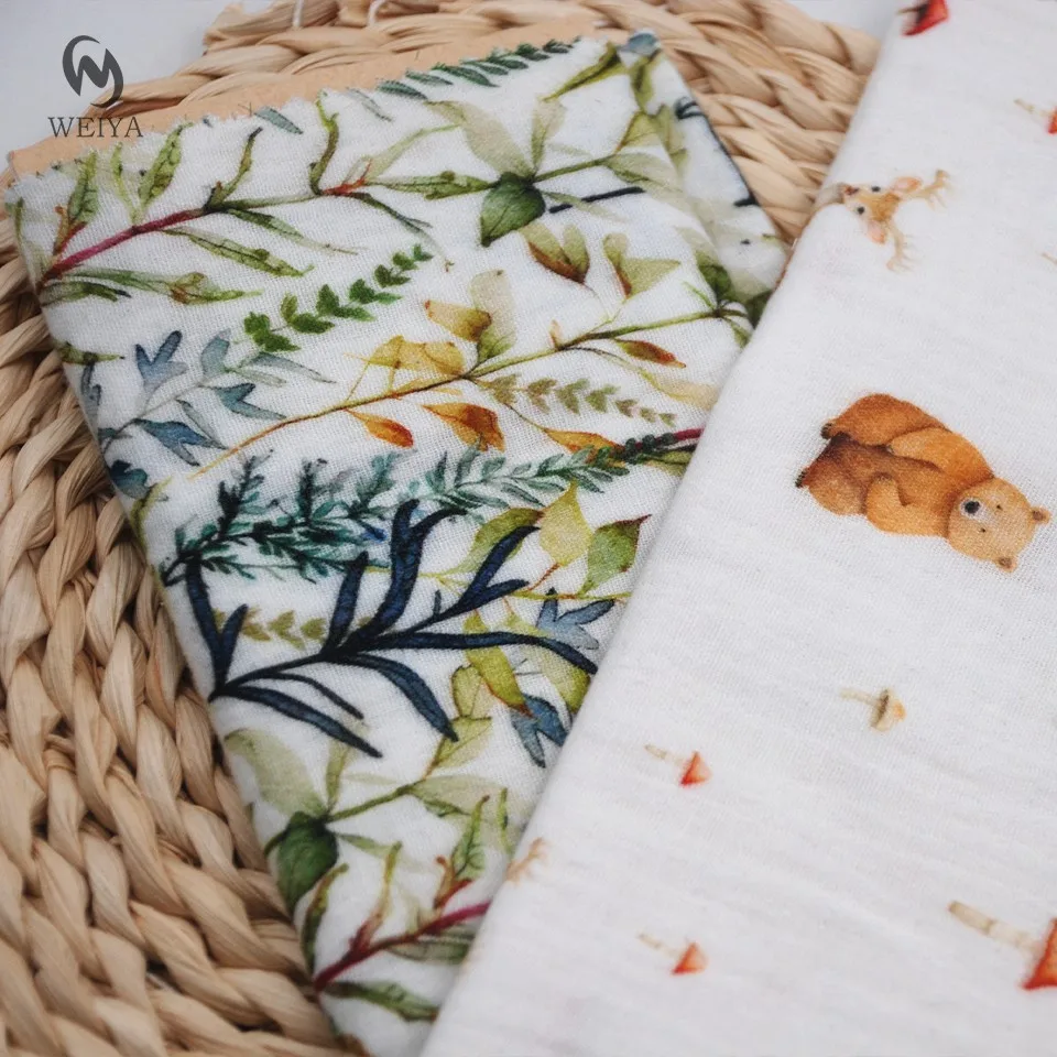 Japanese designs forest deer animal digital printing meter price crepe double gauze cotton pattern fabric