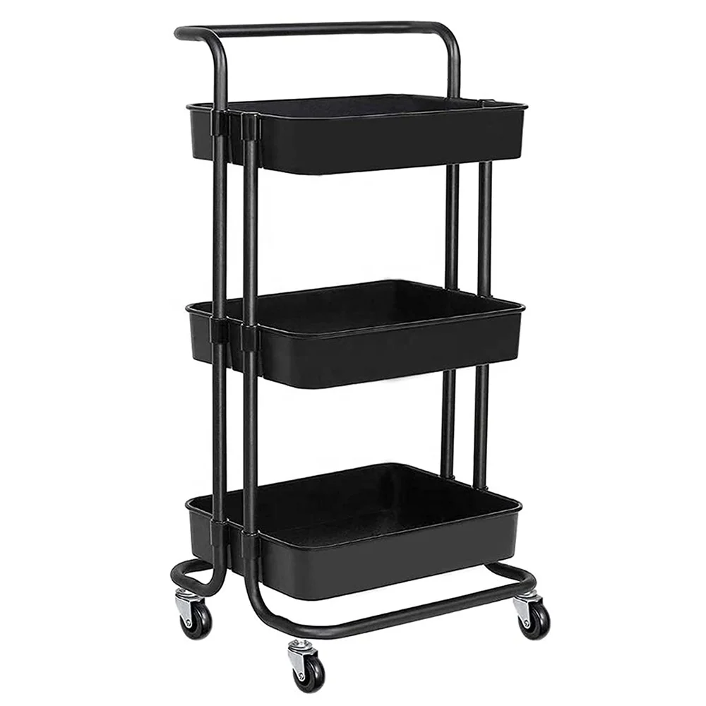 3 Tier Household Stackable Kitchen Storage Rack Multi Purpose Mobile Adjustable Plastic Utility Rolling Cart