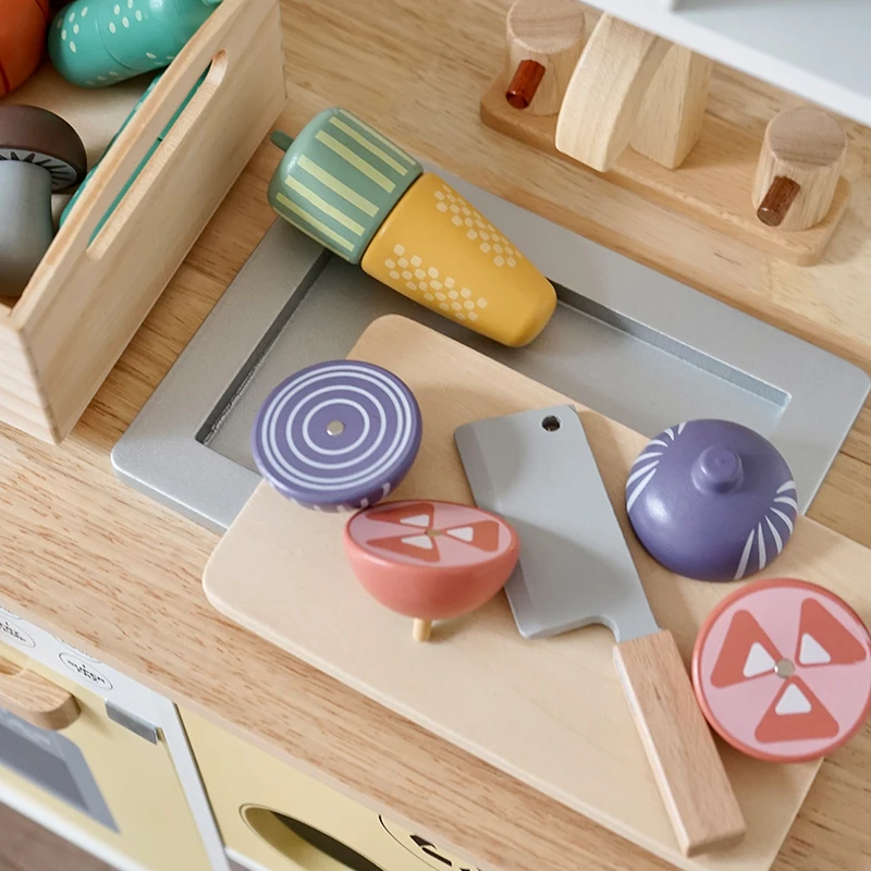 Newest Toddlers Montessori Educational Wooden Kitchen Play Food Sets Wood Box Vegetable Fruit Cutting Toys