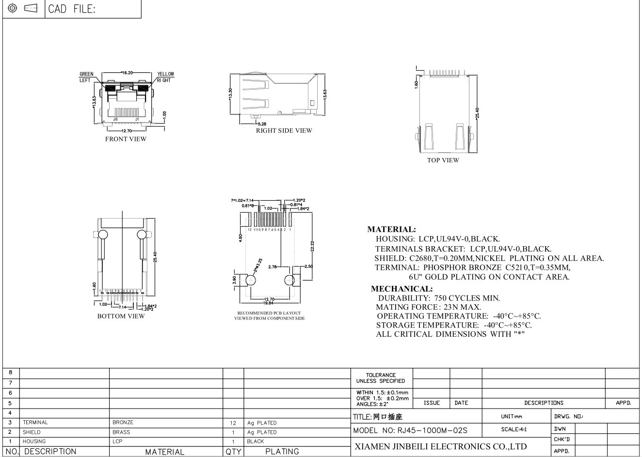  RJ45-1000M-02S OEM SMT RJ45 с портом Jack для разъема 10/100Base-T со светодиодной HR961160C