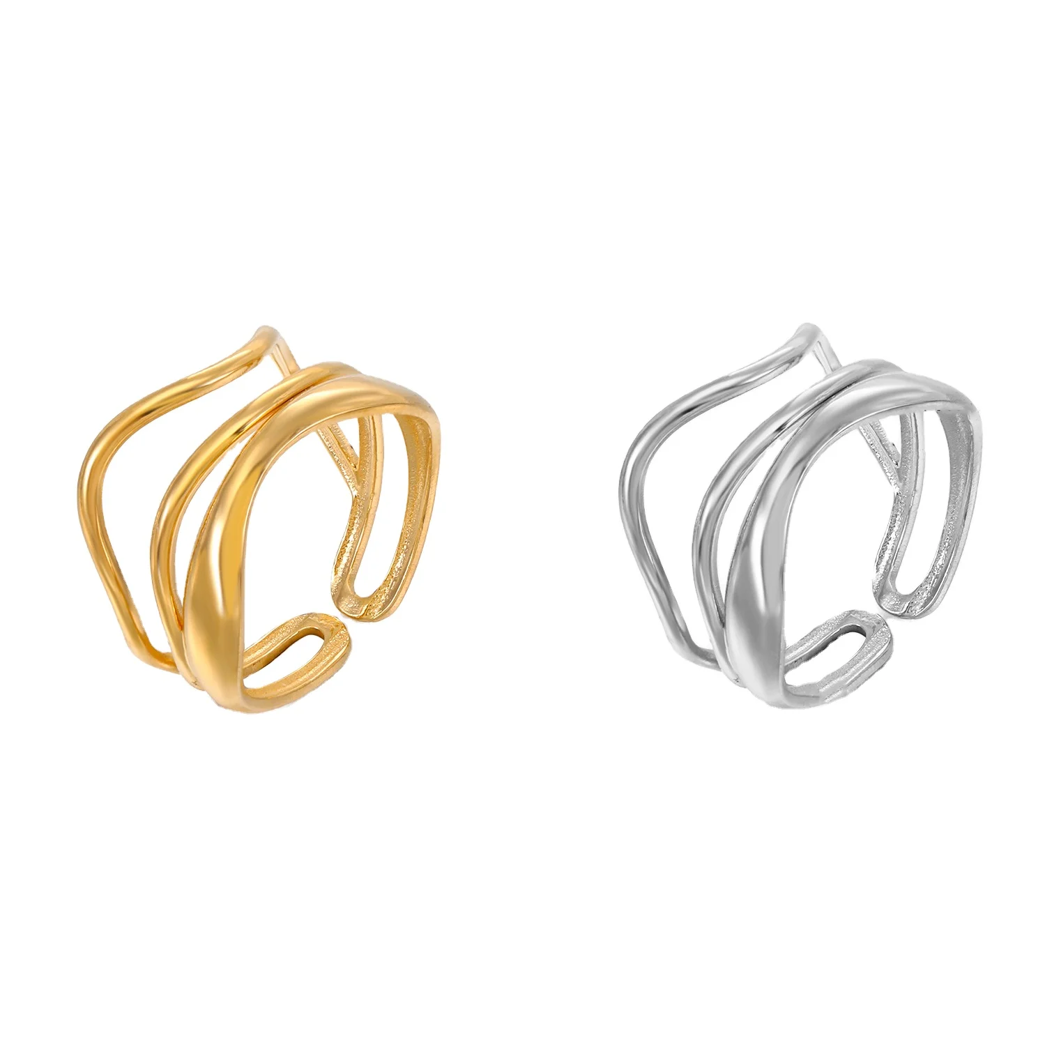 Wholesale Light Luxury Party Stainless Steel Gold Sliver Plated Fashion Temperament Multi Layer Open Line Ring For Women