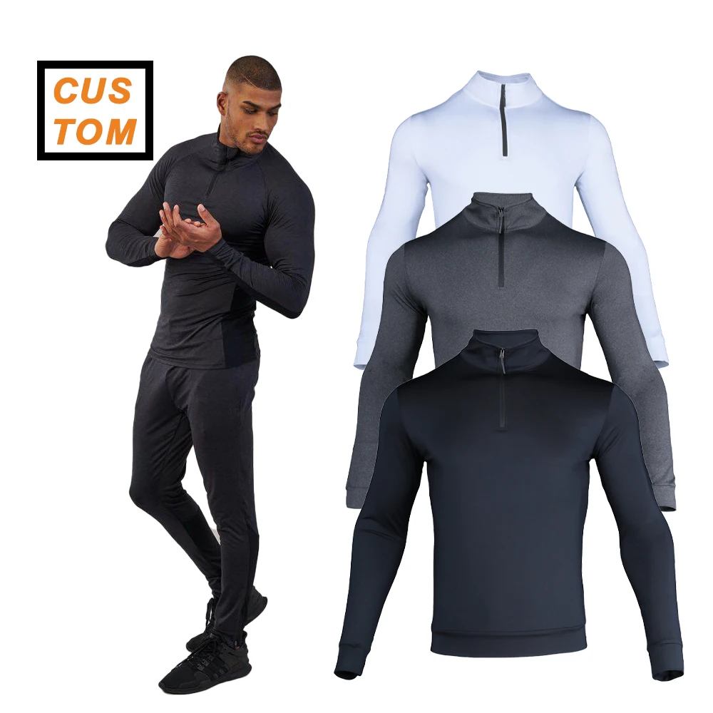 Wholesale 100% Polyester Men Workout Clothes Fitness Custom Logo Pullover Quarter Zip Running Shirt For Menfor