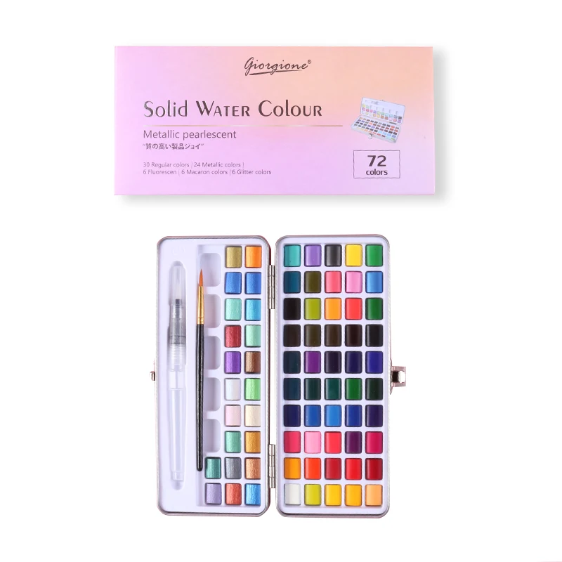 Giorgione Prime Quality Metallic Solid Watercolor Paint set 72 Colors Tin Box With Free Gifts