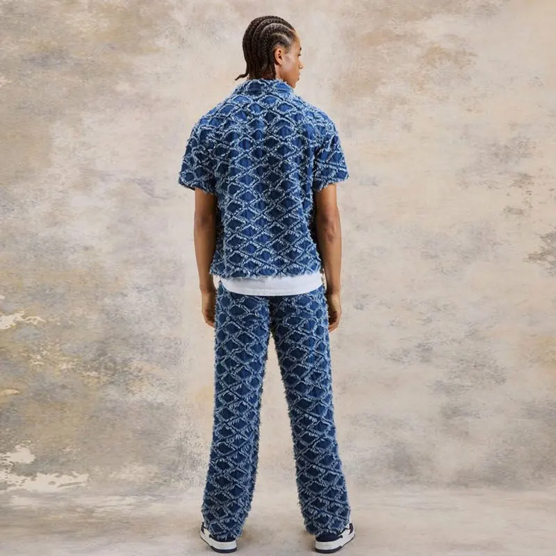 Gingtto Jeans Suit For Men Short Sleeve Denim Jacket And Loose Straight Denim Set