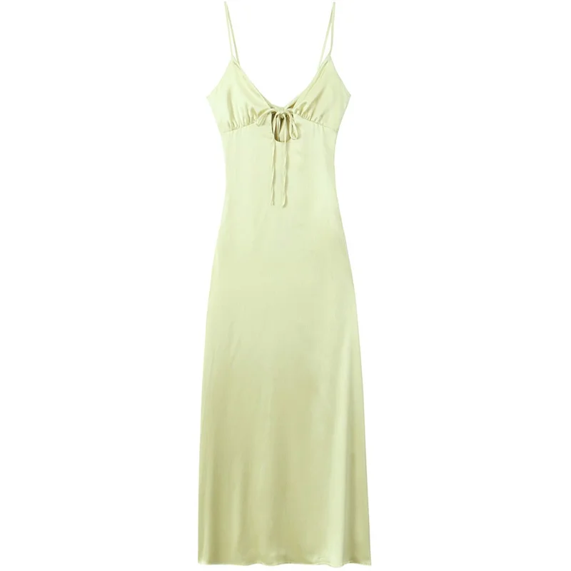 TAOP&ZA Summer New 2024 American Hot Girl Yellow Long Dress Sexy Backless Design Temperament Satin Dress for Women