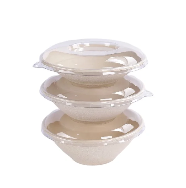 24oz 32oz 40oz compostable disposable biodegradable sugarcane sugar cane food takeaway bagasse bowl soup salad bowl with lid