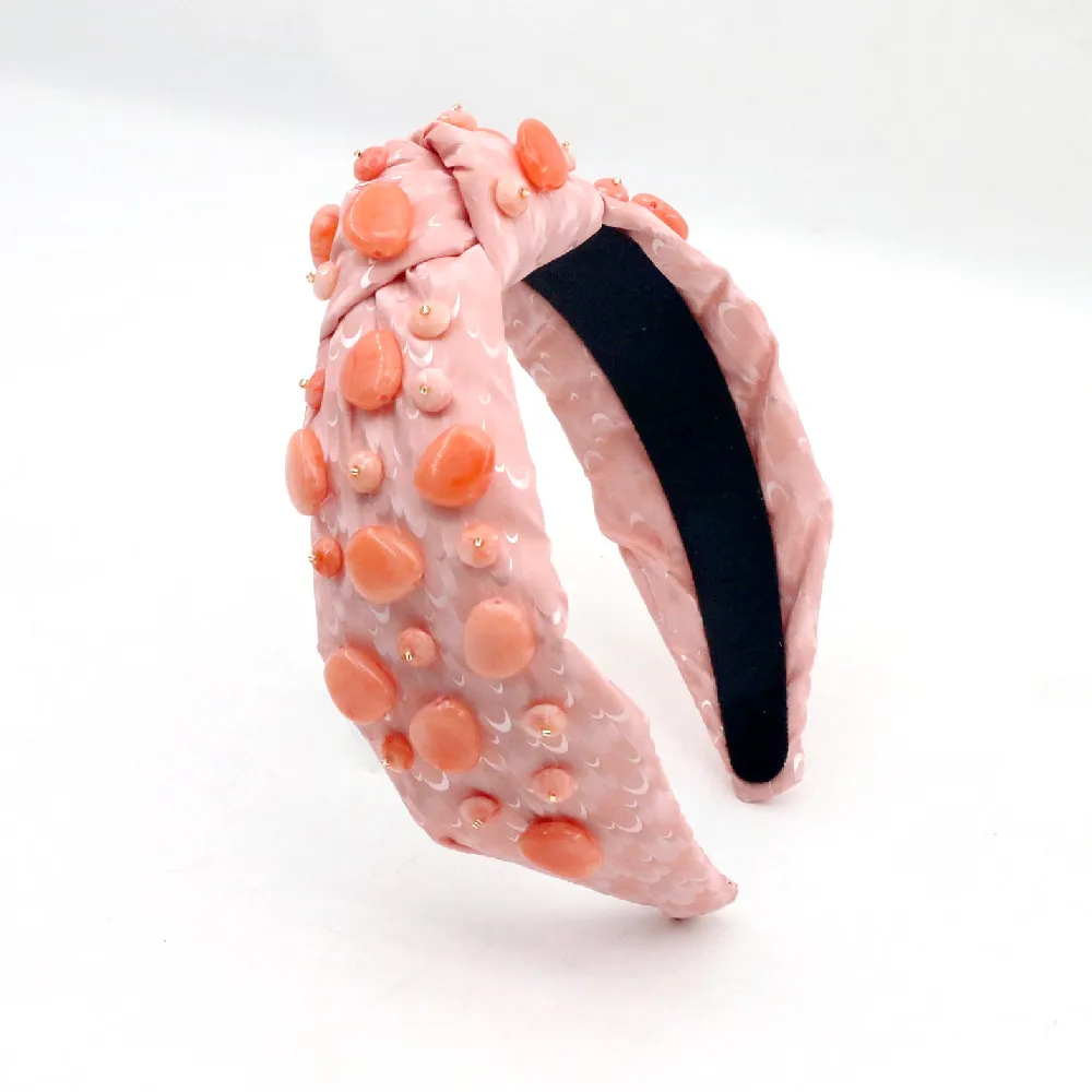 hand sewn irregular beads pink women luxury designer bling beaded furry headband for women