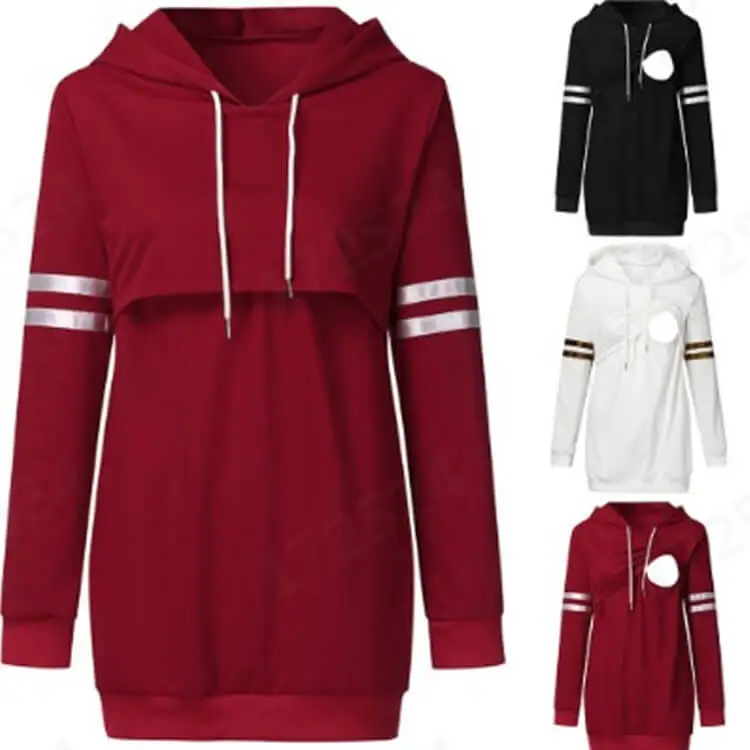 
High Fashion Mom Pregnancy Nursing Long Sleeve Stripe Solid Color Loose Hat Sweatshirt Hoodie For Maternity Breastfeeding Women 