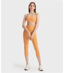strap cross back nylon elastic fitness bras top legging without T line 3/4 fitness pants 2 pieces gym set women workout clothes
