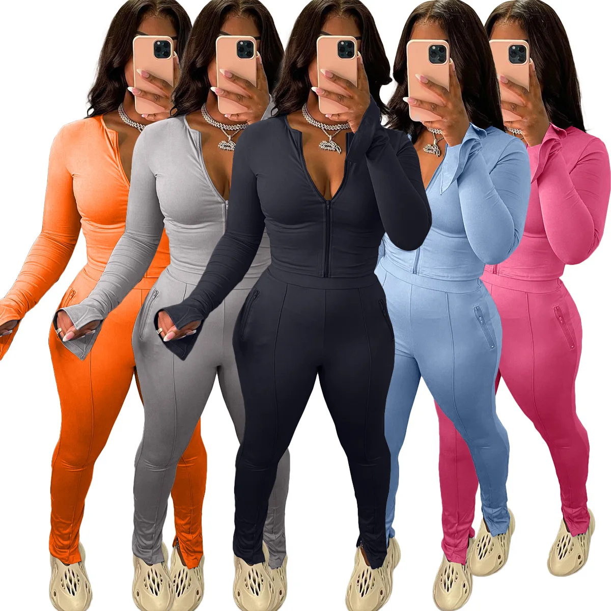 Fall Winter 2022 Women Clothes Solid Zip Split Two Piece Sports Suit Sexy 2 Piece Set Women Custom Logo Women Pants Set