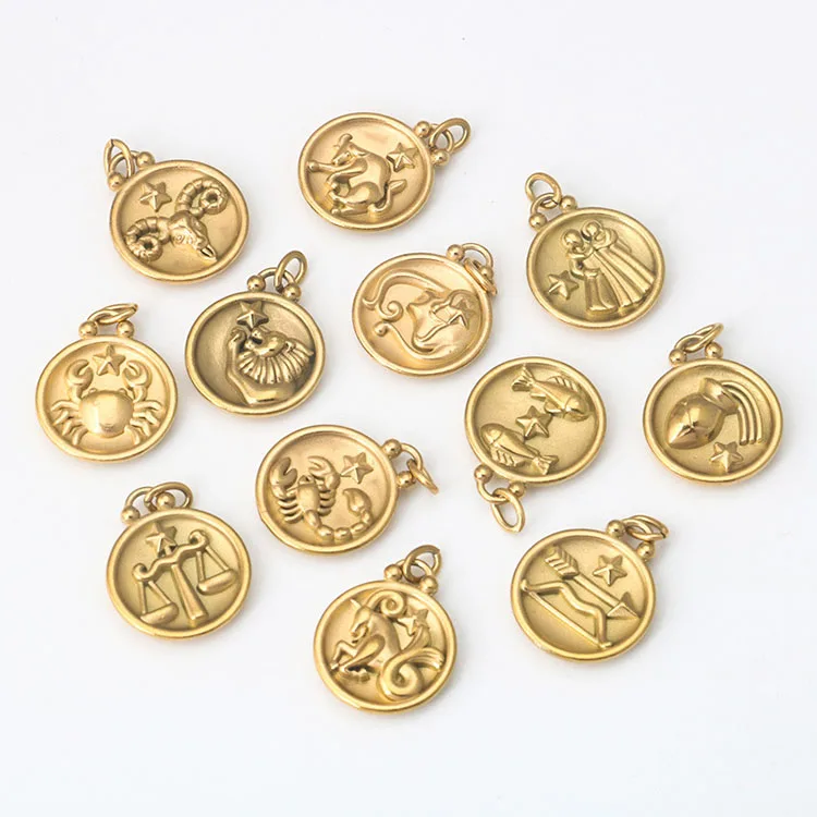 S1216  Non Tarnish 18k Gold Plated Stainless Steel Horoscope Zodiac Symbol Disc Round Charm Pendants