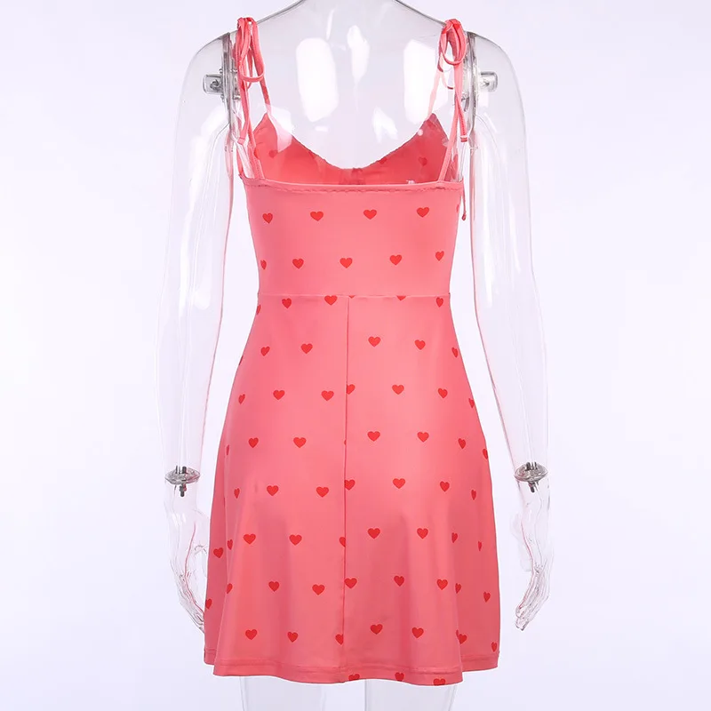 Instagram style sweet pink heart print halter dress 2022 summer sexy holiday lace skirt