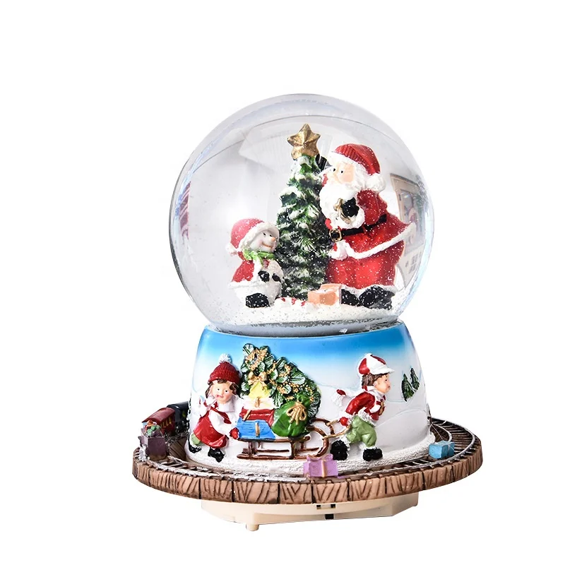 custom christmas snowball snow globe spinning rotation train Santa Claus tree snowman light music