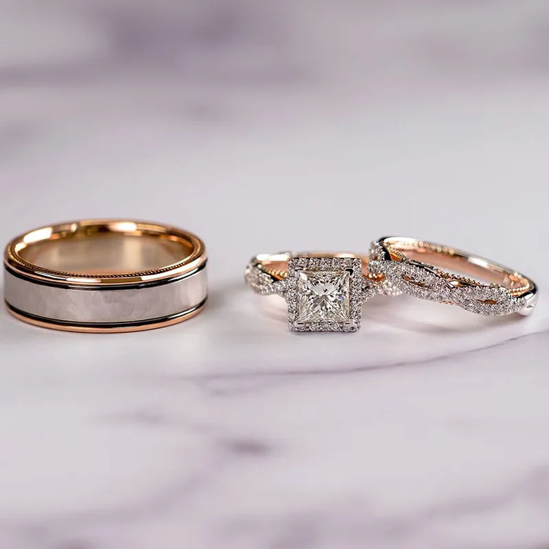 Weddings Three Piece Sparkling Square Zircon Matching Rings Couple Classic Dubai Design Rose Gold Ring Set